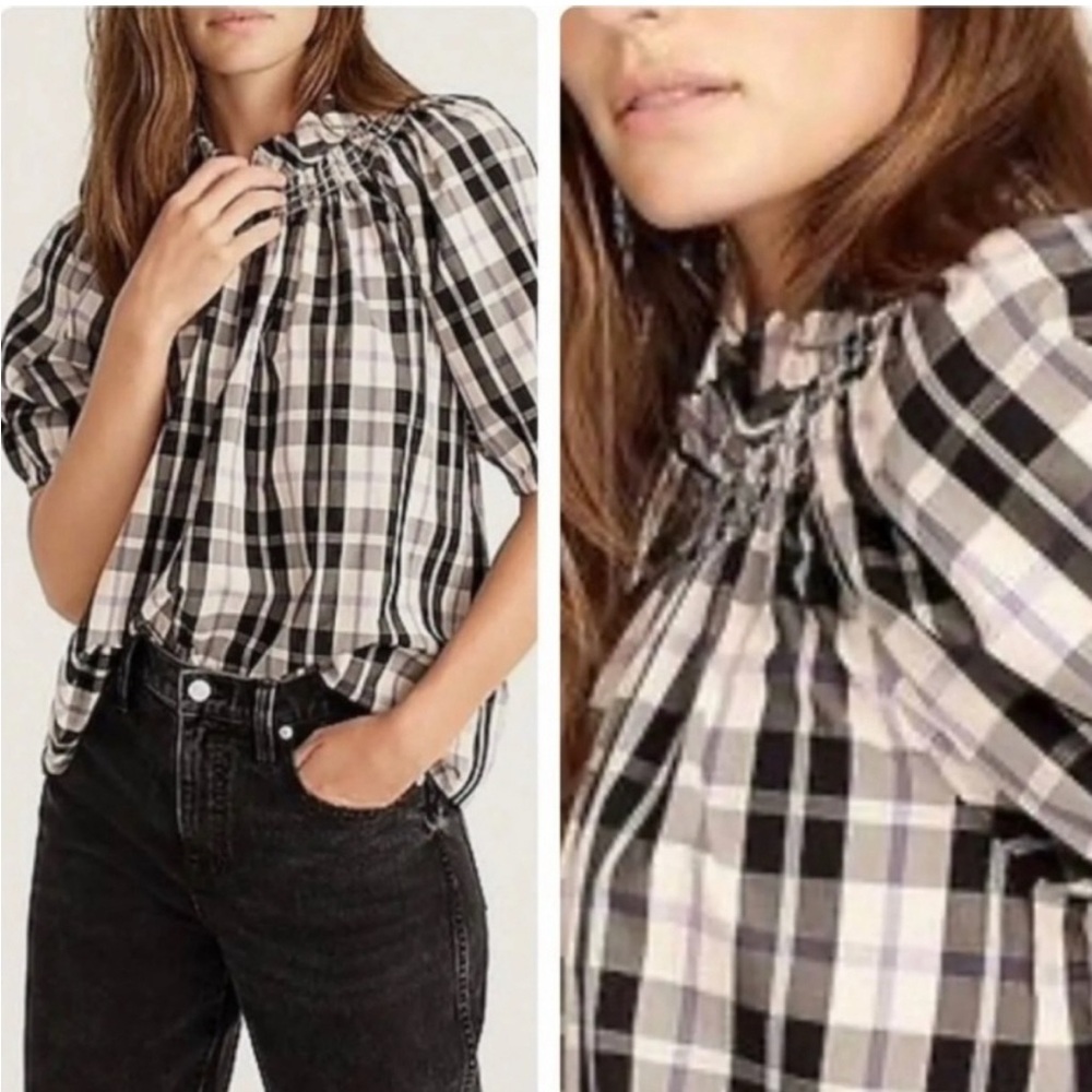 J. Crew FRIDA Black Ivory Blue Plain Smocked Top